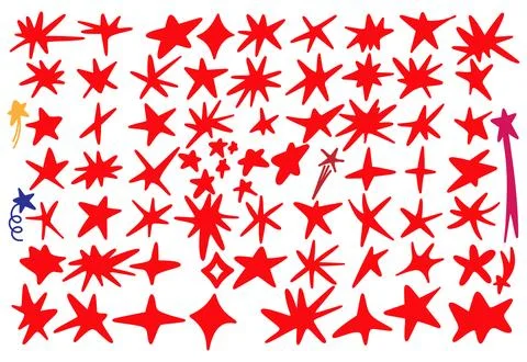 A huge set of hand-drawn red doodle stars, glitter, and starbursts. Sketch el Stock Illustration