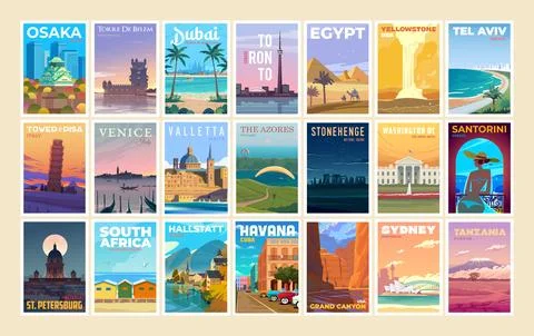 A huge set of vector travel posters. Stock Illustration
