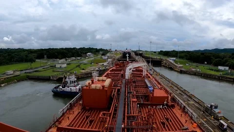 A huge ship driving through the Panama Canal video on ship. Stock Footage 221973056