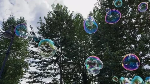 Huge soap bubbles are flying against the background of green trees and blue sky Stock Footage 211819298