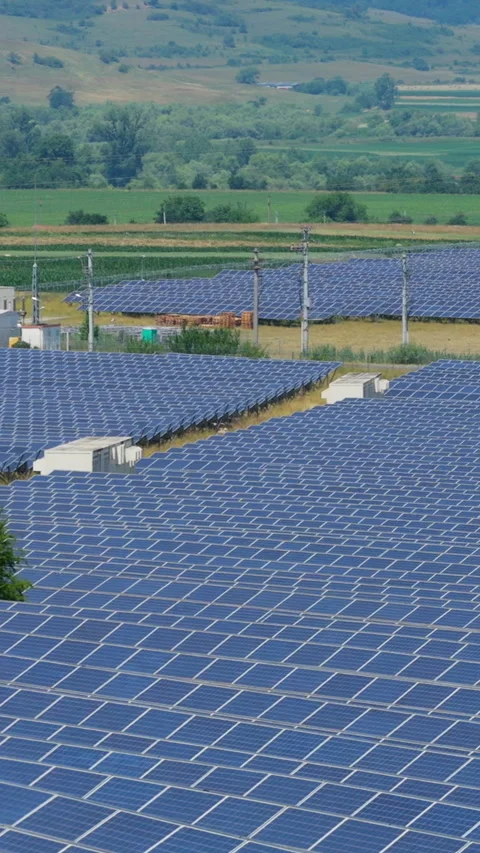 Huge Solar Panel Farm Radiating Intense Heat Waves And Storage Batteries In.. Stock Footage 338987767