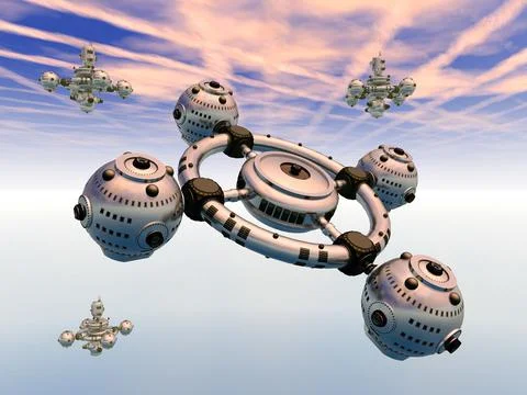 Huge spaceships over a sea in a distant world Stock Illustration