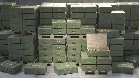 Huge stack of ammo boxes with RPG missil... | Stock Video | Pond5