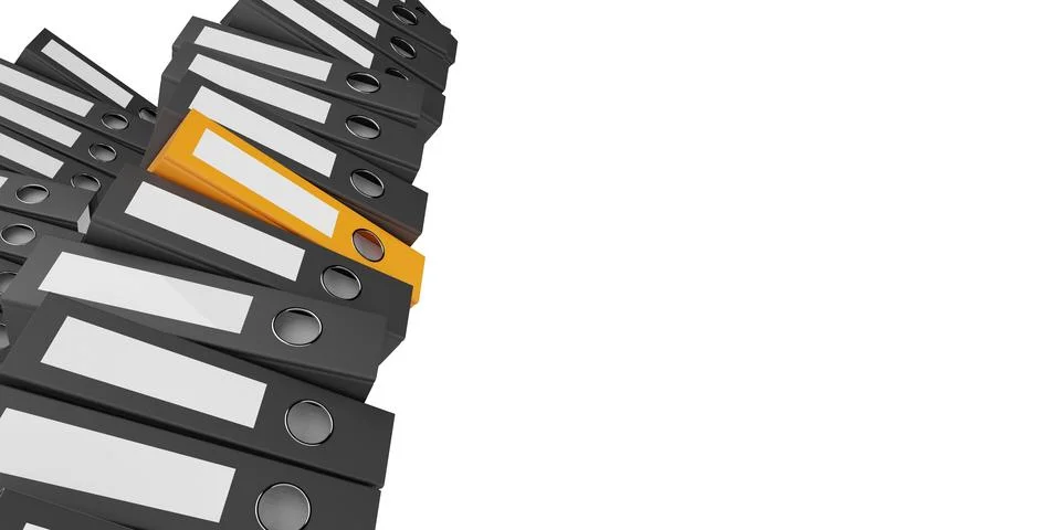 Huge stacks of black ring binders or file folders with one orange on white .. Stock Illustration