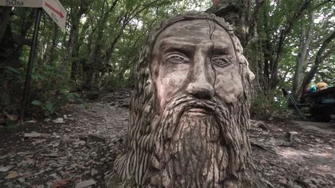 A huge stone head of an ancient hero in the forest filmed with a stabilizer Video stock 155548325