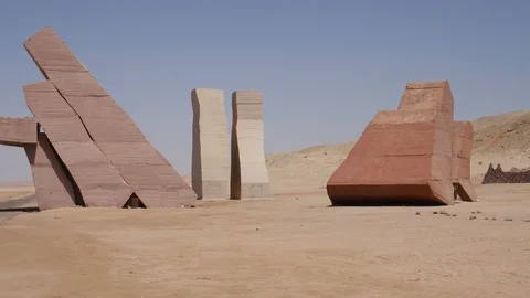 Huge stone structure in the desert of Egypt. Installation of stone blocks Stock Footage 119466171