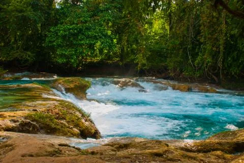 Huge stones on which water flows Landscape with waterfall Agua Azul, Chiapas, Stock Photos