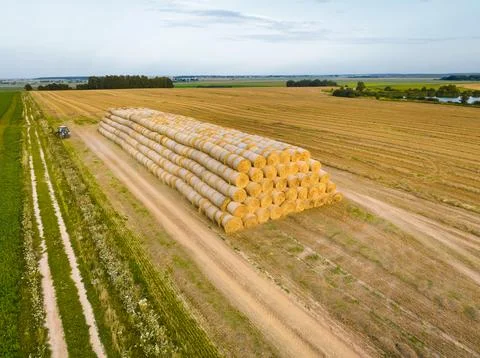 Huge storage stack of straw bales collected by modern tractor Stock Photos