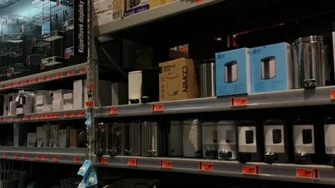 Huge store with many shelves, boxes, dustbins, home equipment, fixtures Stock Footage 205048324