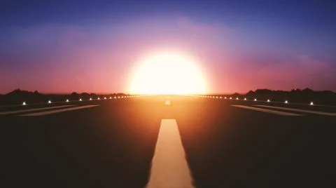 The huge sun at the end of the road.An empty road to the sunset. Stock Photos