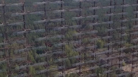 Huge telecommunication object Duga, massive steel building in Chernobyl Stock Footage 108261827