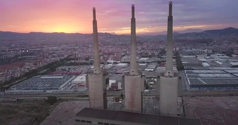 Huge Three Chimneys from Abandoned Power Termal Station at Sunset, 4k Stock Footage 116050812