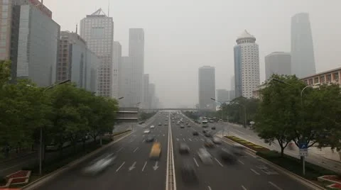 Huge Traffic in Beijing CBD, Air Pollution in China, Dust Storm, time lapse Stock Footage