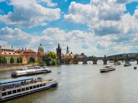 Huge Traffic on Vltava River in Prague Stock Footage 80316487