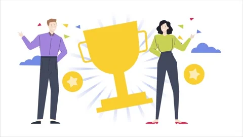 Huge trophy isolated on white background with man and woman character business Stock Footage 280653058