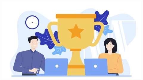 Huge trophy with two people using laptop business animated illustration video Stock Footage 282332117