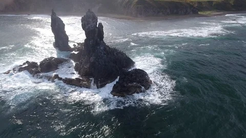 Huge vertical rocks stone ocean waves Wild birds Extreme Russia Far East Aerial Stock Footage 99015665