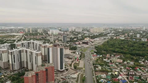Huge view of the city. Summer cloudy day. View from the quadrocopter. Samara Stock Footage 147386176