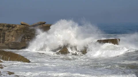 Huge Violent Waves Breaking on Rock Cliffs on Atlantic Ocean in Morocco Stock Footage 170155183