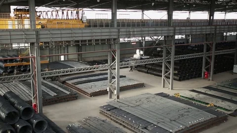 Huge warehouse full or iron bars, general shot Stock Footage 72765908