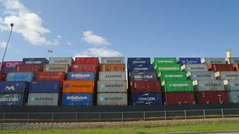 A huge warehouse of sea containers of different colors and brands Stock Footage 314010431