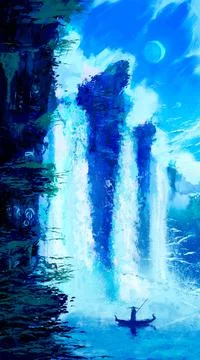 A huge waterfall with three streams, in the foreground a man floats in a boat Stock Illustration