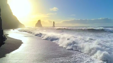 Huge waves crashing and splashing on a Black Beach in Iceland. Ocean Sea Stock Footage