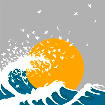 Huge waves turn into birds. Template for concert poster Stock Illustration