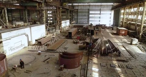 Huge workshop for assembling steel structures and steel bridges. A large Stock Footage 314888335