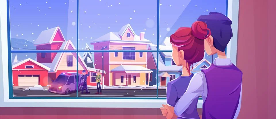 Hugging couple looking through window on city Ilustração Stock