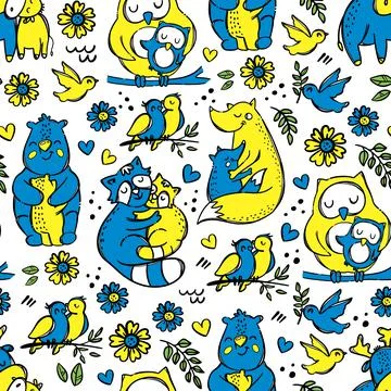 HUGGING FOREST ANIMALS Seamless Pattern Vector Illustration Stock Illustration