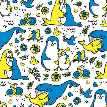 HUGGING SEA ANIMALS Seamless Pattern Vector Illustration Illustrazione stock
