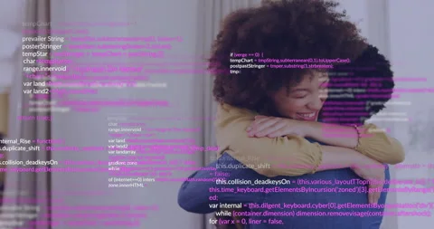Hugging someone, woman with pink code overlay, creating animation effect Stock Footage 305489215