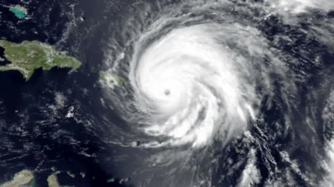Hugo traversing the northeastern Caribbean view from space hurricane Stock Footage 237314407