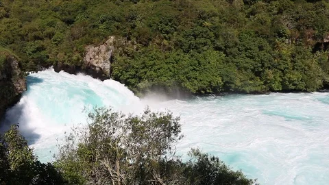 Huka falls waterfall massive spray and foam panorama new zealand Stock Footage 98161446