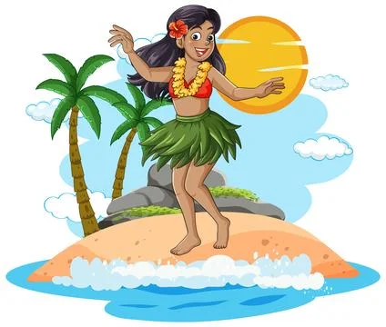 Hula Dancer Performing on Tropical Island Beach at Sunset Stock Illustration