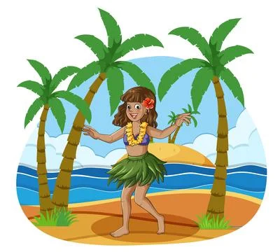 Hula Dancer with Surfboard on Tropical Beach Stock Illustration