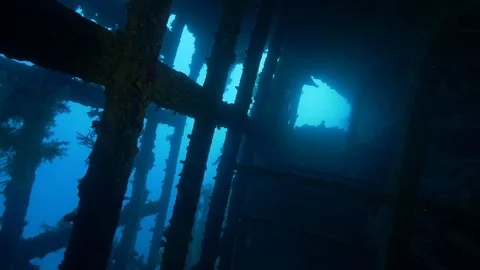 Hull interior of the shipwreck Ulysses, Red Sea, Egypt Stock Footage 105620341