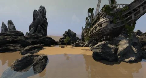 Hull of an old ship wrecked 3d illustration Stock Illustration