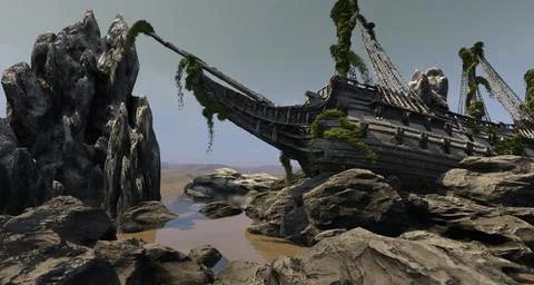 Hull of an old ship wrecked 3d illustration Illustrazione stock