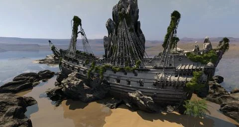 Hull of an old ship wrecked 3d illustration Stock Illustration