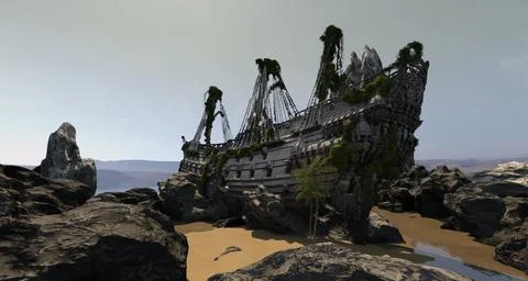 Hull of an old ship wrecked 3d illustration Stock-Illustration