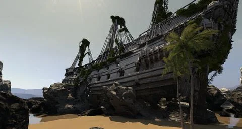 Hull of an old ship wrecked 3d illustration Stock Illustration