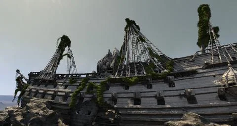 Hull of an old ship wrecked 3d illustration Stock Illustration