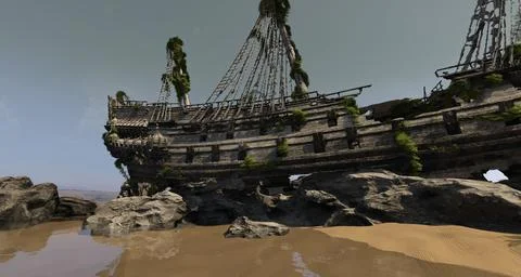 Hull of an old ship wrecked 3d illustration Stock Illustration