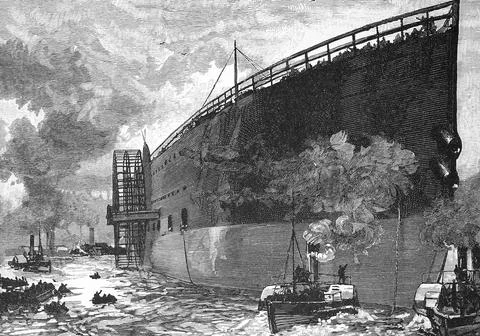 The hull of the ship Great Eastern a 211 metre long steel sailing steamer with Stock-Illustration