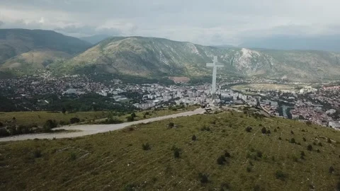 Hum Hill Landmark: Mostar's Iconic Cross Stock Footage 304519609