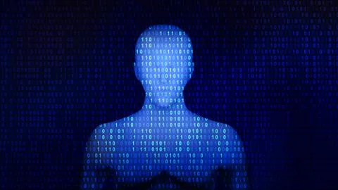 Human with 01 or binary data on the computer screen, artificial intelligence  库存照片