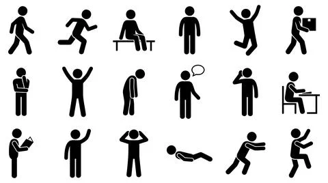 Human action stick figure icon set for business with silhouettes arranged grid Illustration