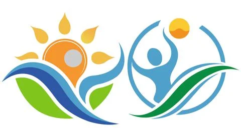 Human activity logo set with sun and wave design for summer travel. Stock Illustration
